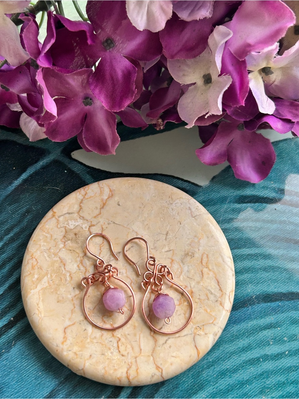 Rose Gold Hoop Earrings with Lavender Chalcedony Beads